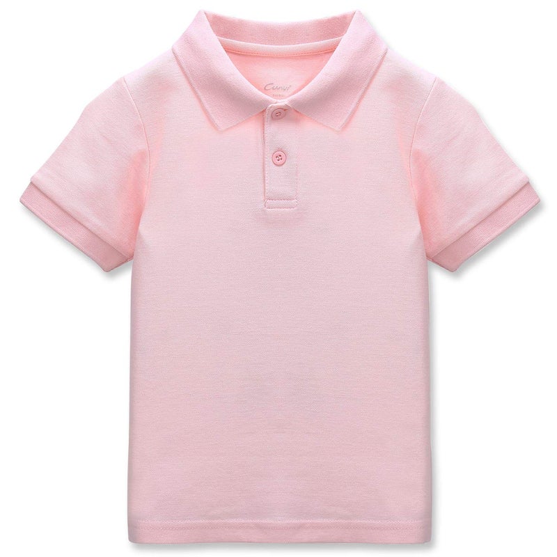 CUNYI Boys' Solid Color Cotton Pique Polo Uniform Shirts Short Sleeve, Light Pink, 140 - Image 1